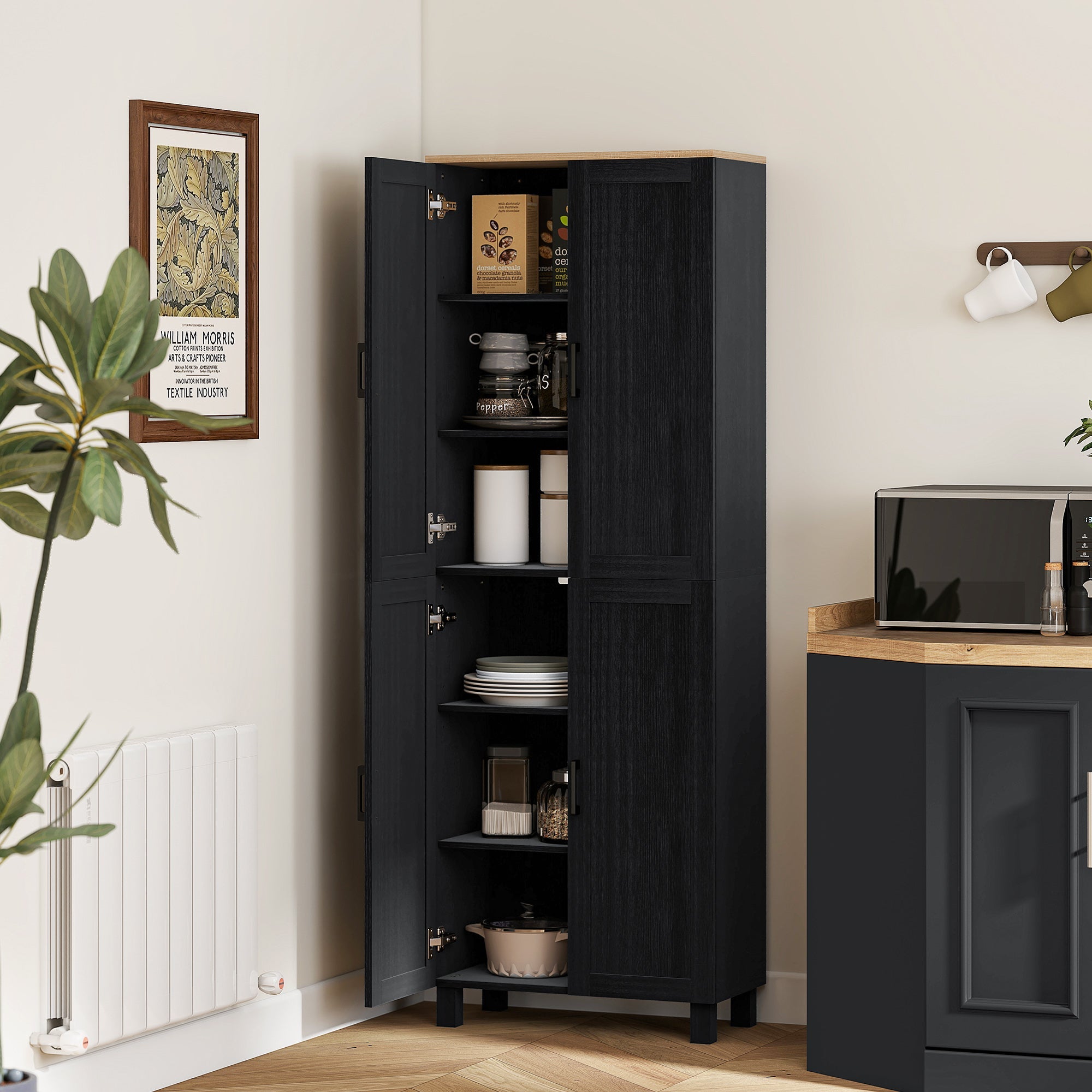 HOMCOM Freestanding Kitchen Cupboard, 4-Door Storage Cabinet with Adjustable Shelves, Modern Kitchen Pantry for Dining Room, 170cm, Black