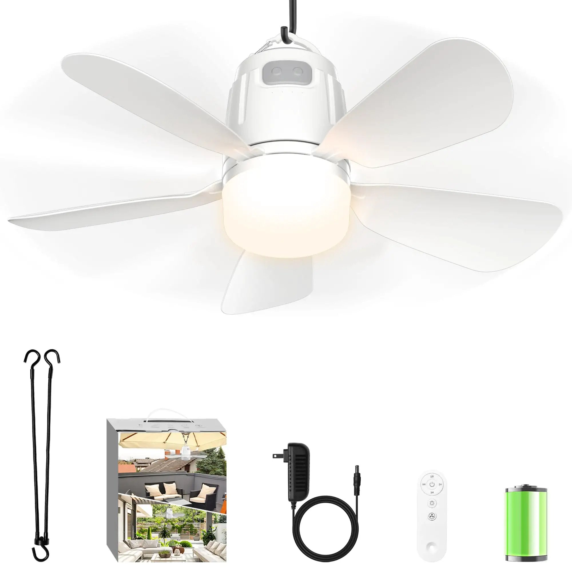 Go To 20 Inch Portable Outdoor Ceiling Fan with Light and Remote for Gazebo Tent Patio Camping with 20000mAh battery pack
