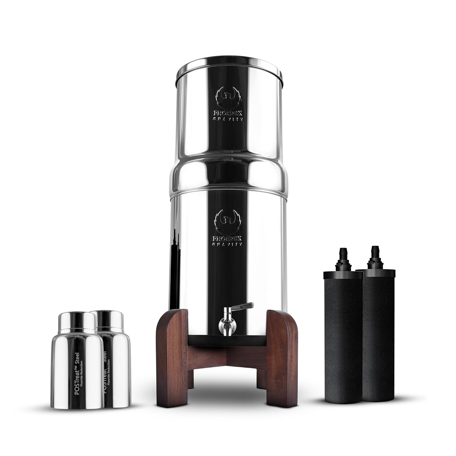 Phoenix Gravity - 6 liter waterfiltersysteem, NSF-gecertificeerd, van AISI 304 roestvrij staal, met 2 Smart Carbon en POSTreat patronen en houten standaard