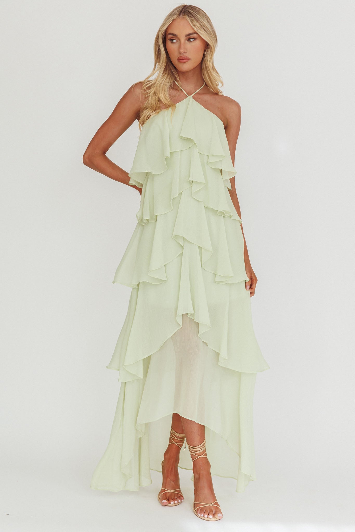 Darylyn Tiered Ruffle Maxi Dress Sage by Selfie Leslie