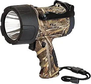 Camo handheld spotlight with large lens, black accents, and lanyard for outdoor use