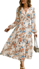 Women's Spring Wrap Maxi Dress Floral V Neck Long Sleeve Wedding Guest Party Casual Chiffon Dress