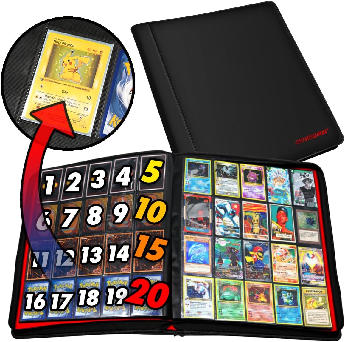1280+ Cards 20 Pocket Card Binder Collector Card Album - Pages Compatible with Pokemon Cards, Sports Cards, Yugioh, MTG and Other TCG - Trading Card Sleeve with Side Loading Pockets (Black/Red)