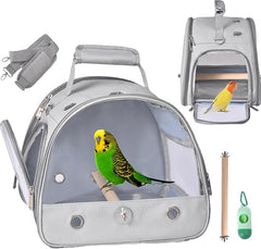 Bird Carrier Travel Cage with Stand, Small Bird Travel Carrier for Parrot with Perch, Small Bird Cage for Travel Parakeet Carrier Bird Bag with Shoulder Strap, Side Access Window (Grey)