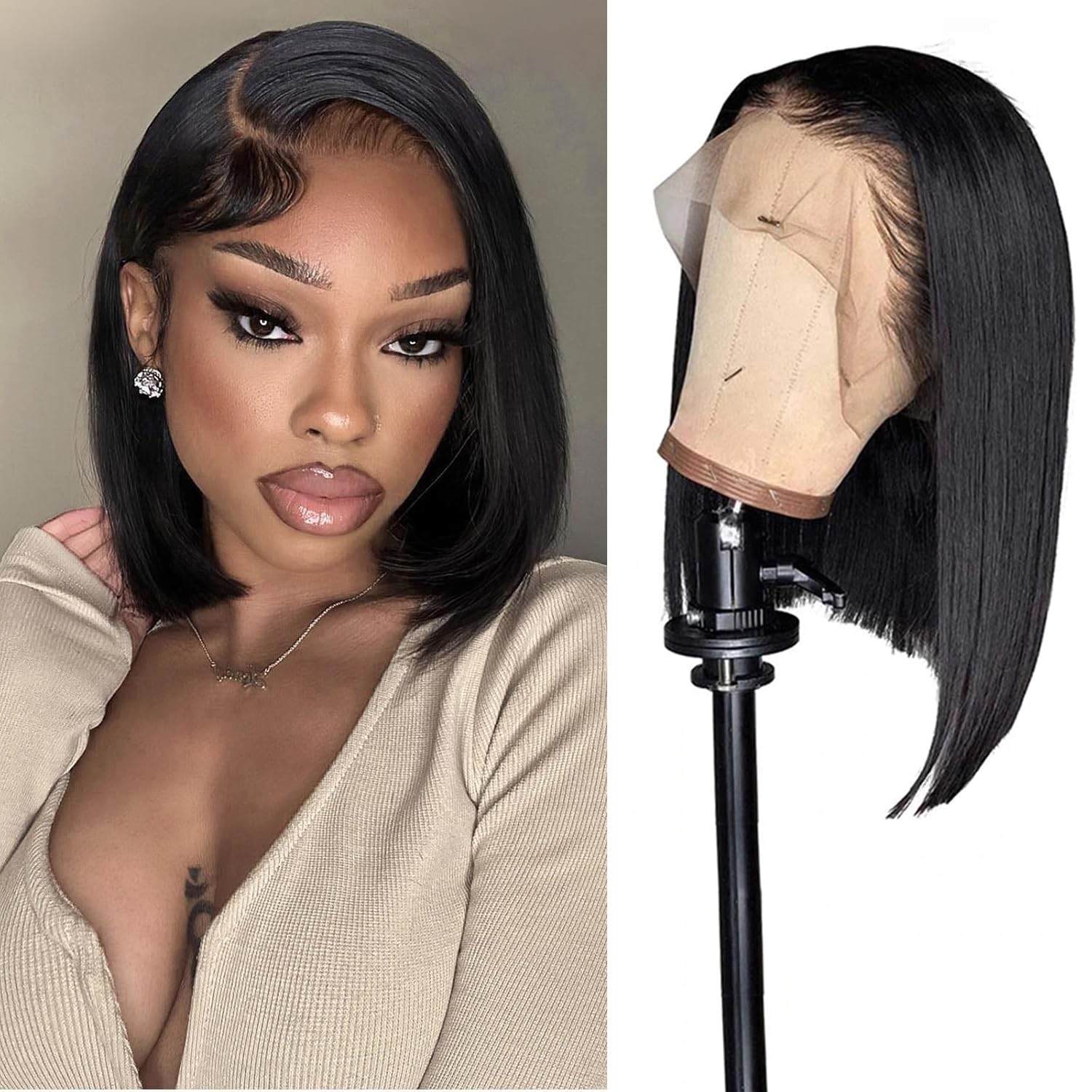urno ble 13x4 HD Lace Front Bob Wig Human Hair Pre Plucked 180% Density Free Part Short Bob Wig With Baby Hair Straight Bob Lace Front Wigs Human Hair for Women(10in)