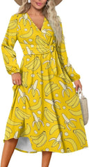 Womens Dresses 2024 Fall Long Sleeve Midi Dress Casual Classic V Neck Loose Flowy Tie Waist Belted Long Dress