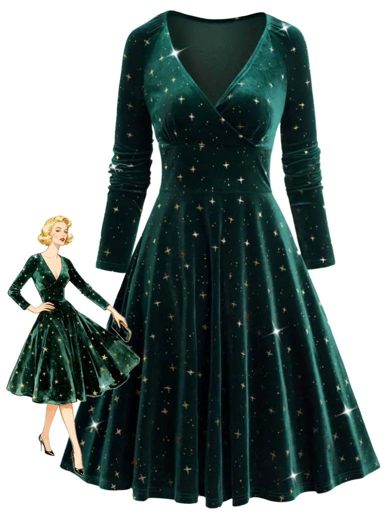 Abito in velluto con scollo a V e stelle verde scuro anni '40