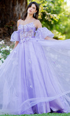 Outdoors, a woman wears the Purple Prom Ball Gown: Cinderella Couture 8130J—a lilac A-line dress with sheer puff sleeves and floral embellishments for an elegant prom look.