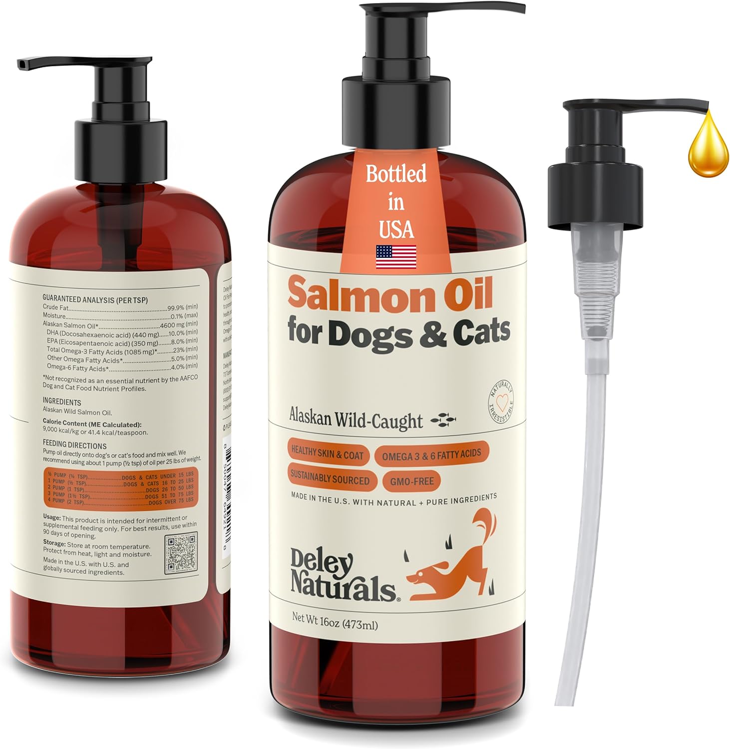 Deley Naturals Aceite de salmón capturado en la naturaleza de Alaska prémium para perros y gatos, suplemento de aceite de pescado rico en omega-3 para una piel, pelaje y articulaciones saludables, totalmente natural, de origen sostenible, 16 onzas