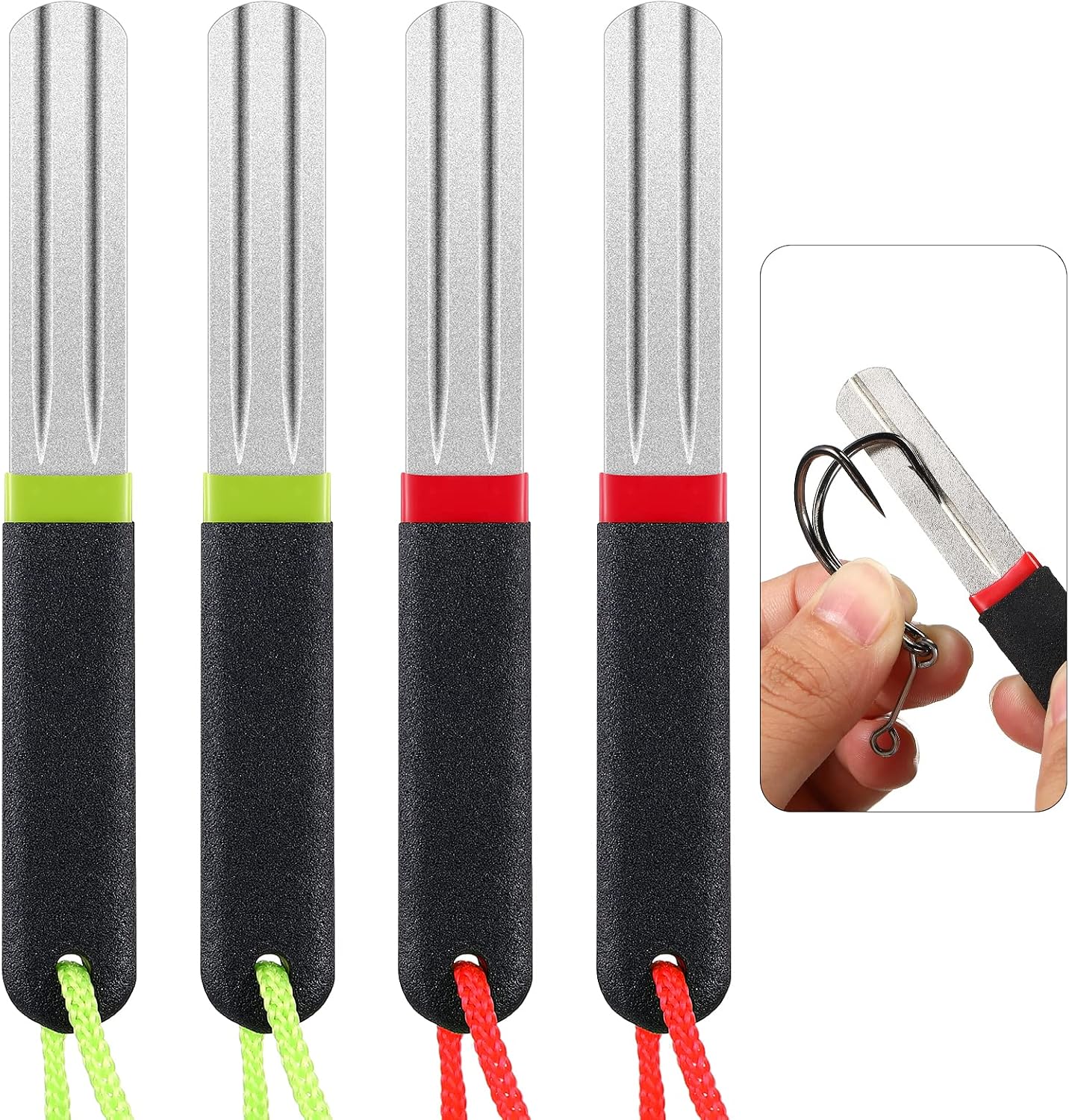 Hook Sharpener Hook File Set of 4 Diamond Fishing Hook File Portable Fish Hook Sharpeners with Double Sided Fine and Medium Grit for Saltwater Freshwater Ice Fishing Tools, 4 Inches