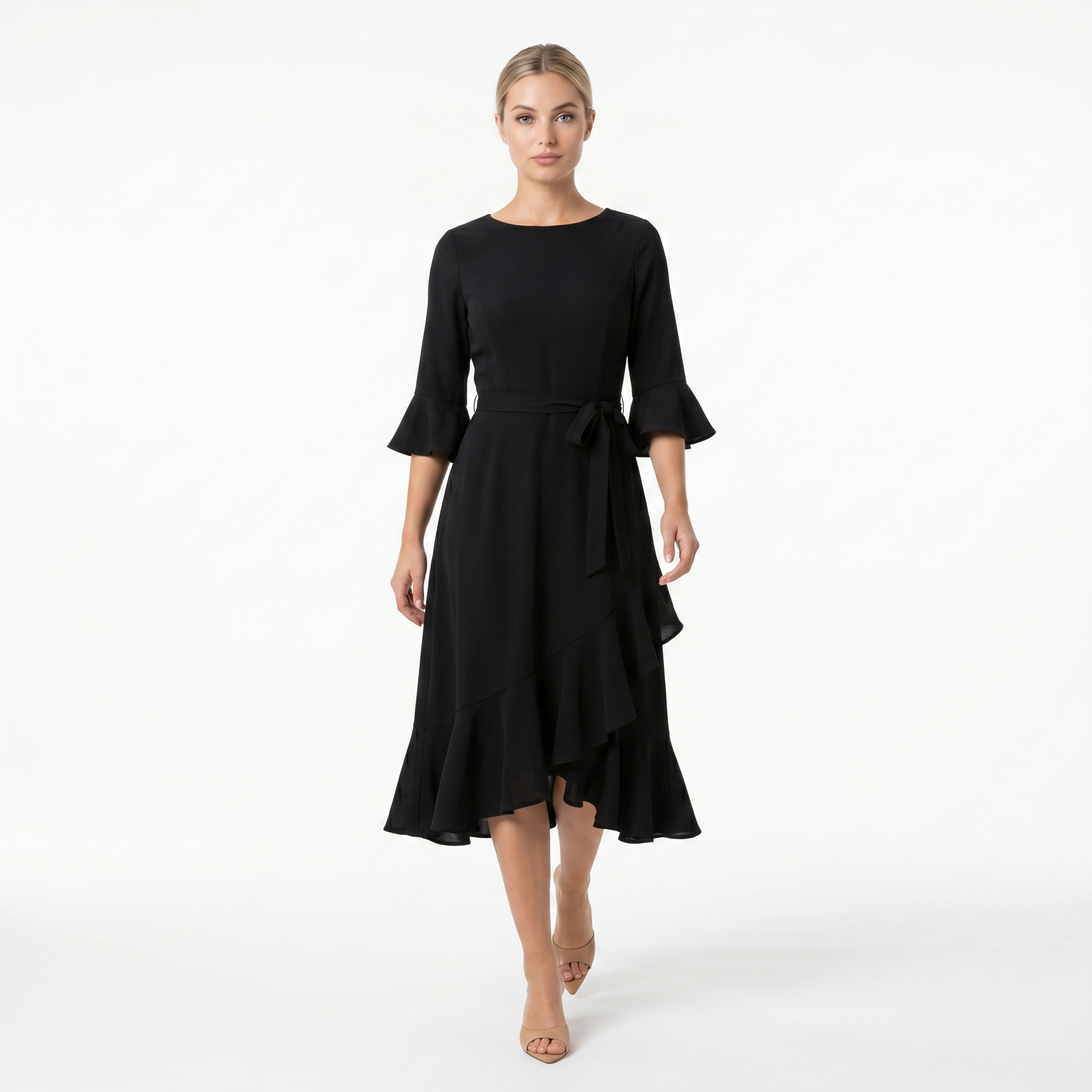BLACK MIDI DRESS – ELEGANT 3/4 SLEEVE A-LINE DRESS WITH ASYMMETRICAL RUFFLE HEM & TIE WAIST