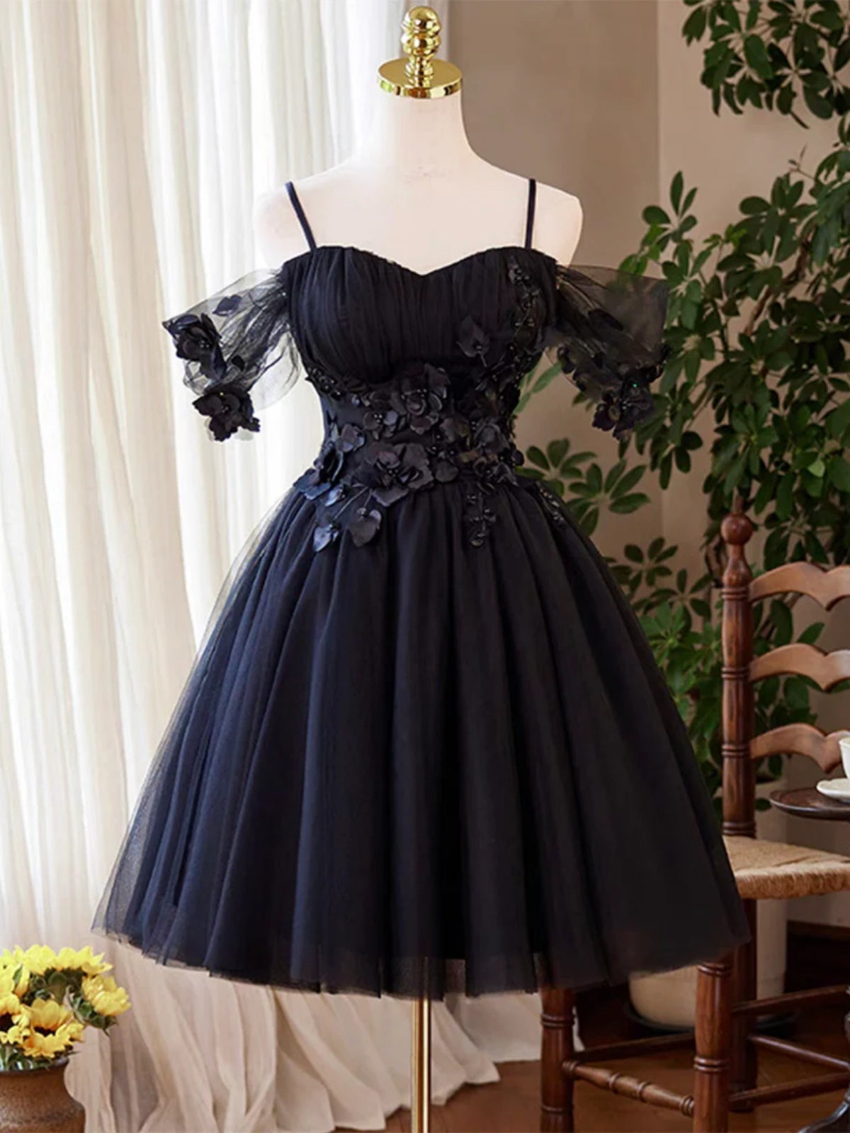 A Line Off the Shoulder Short Navy Blue Prom Dresses, Short Dark Blue Formal Homecoming Dresses