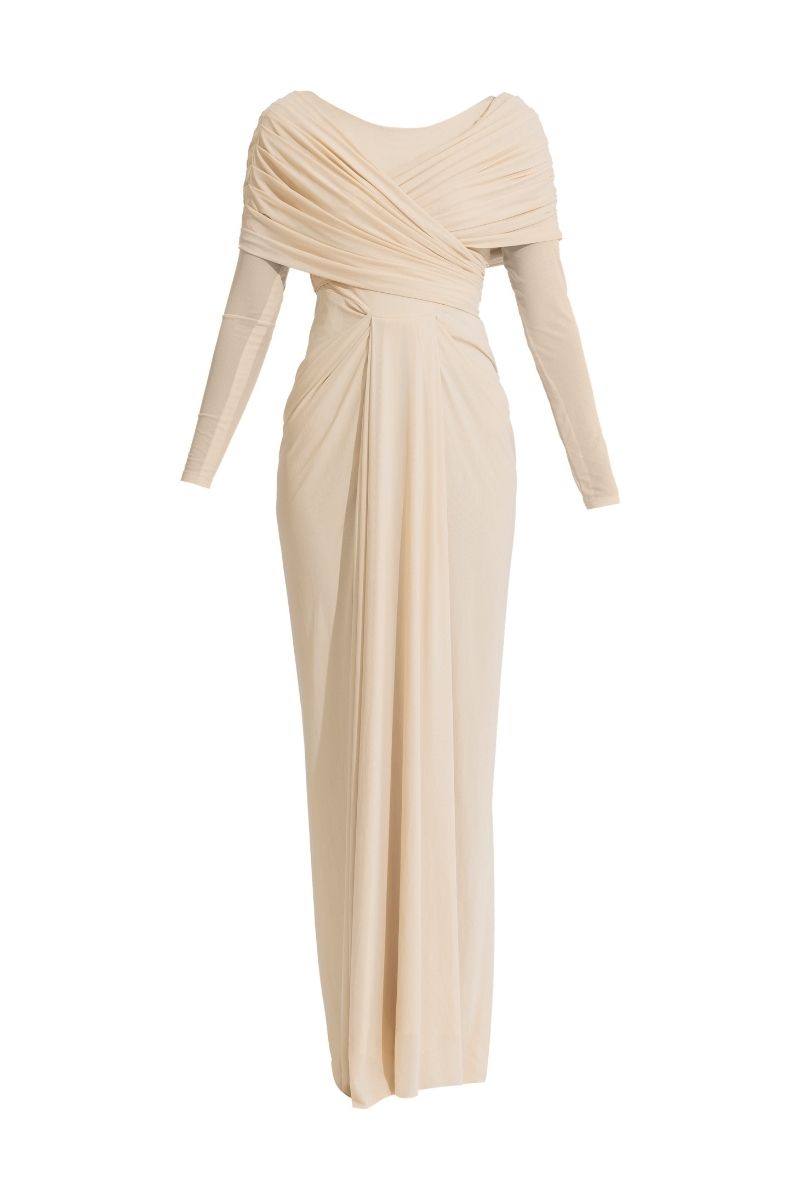 Deme By Gabriella Amelia beige maxi dress with flowing fabric and sleeveless design, perfect for elegant summer occasions.