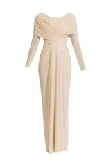 Deme By Gabriella Amelia beige maxi dress with flowing fabric and sleeveless design, perfect for elegant summer occasions.