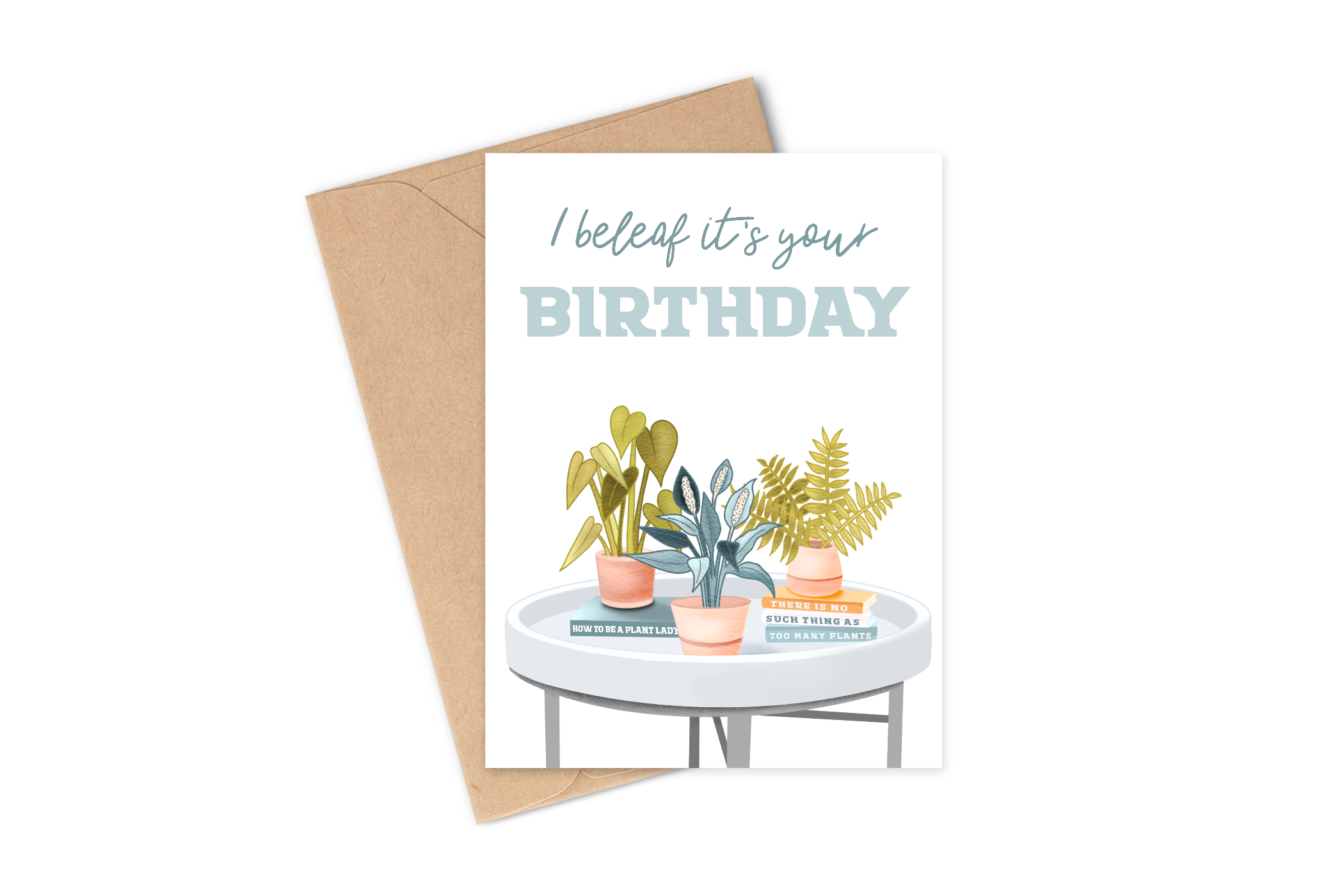 This greeting card makes an excellent pairing with any gift for your plant-loving friend. Details: Hand-illustrated drawing of 3 potted plants sitting atop a coffee table with books. The main text says "I beleaf it's your birthday" and there are some cute hidden messages on the books. The ones on the right say 'there is no such thing as too many plants' and on the left it says 'how to be a plant lady'. Your friend, family member or coworker is sure to love this card!