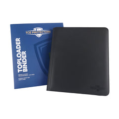 Premium 9-pocket black toploader binder standing next to its retail packaging box on a white background.