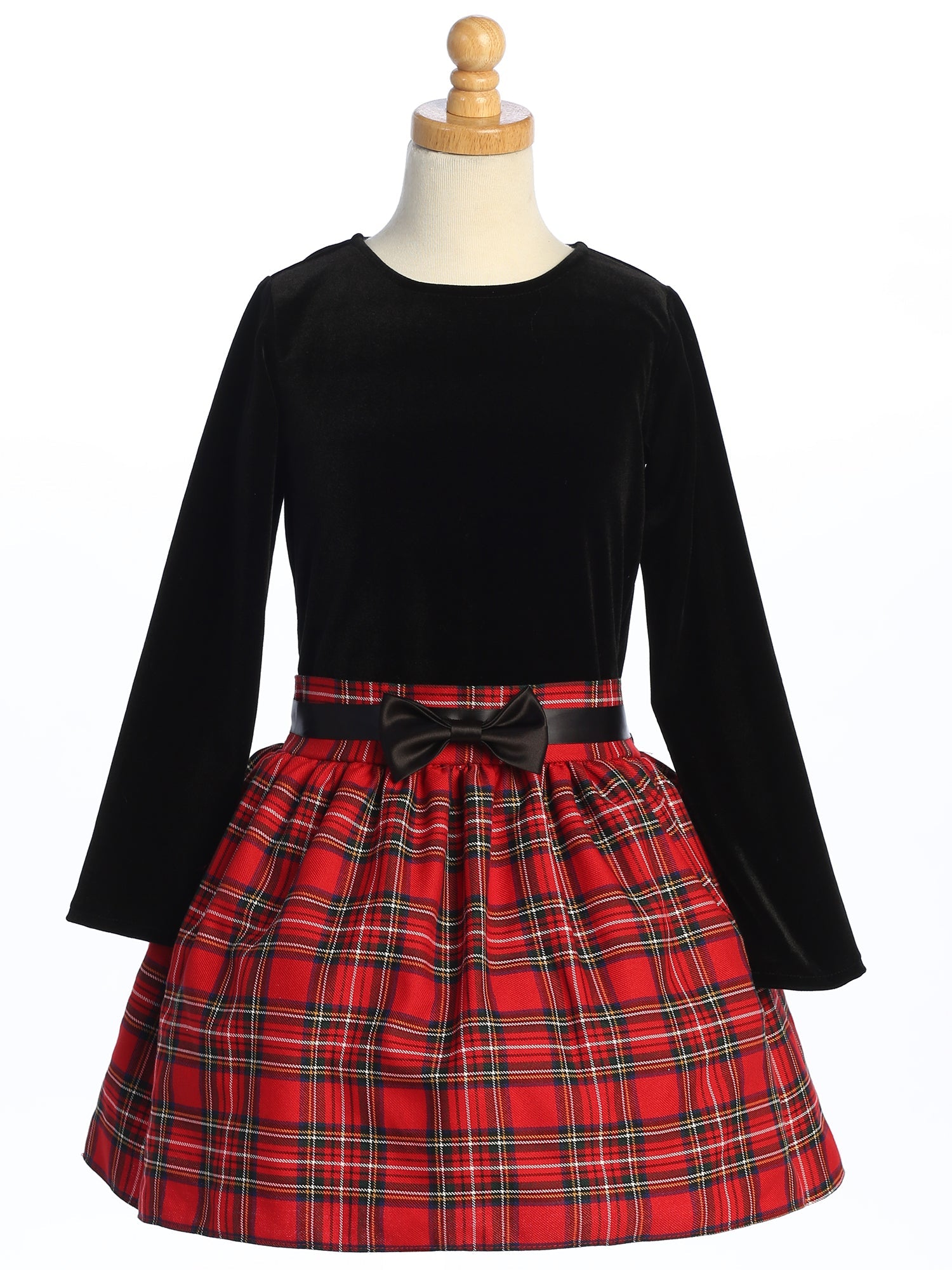 Girls Black Velvet Holiday Dress with Red and Black Plaid Skirt - C963