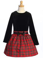 Girls Black Velvet Holiday Dress with Red and Black Plaid Skirt - C963