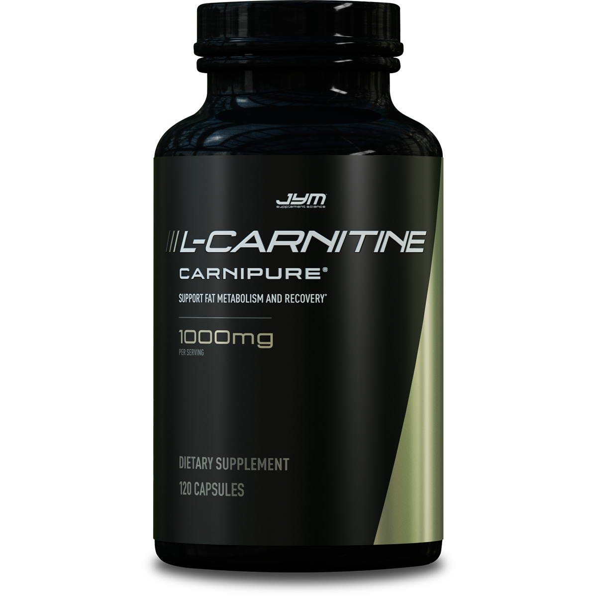 Black JYM L-Carnitine L-Tartrate bottle, front label showing Carnipure, 1000mg per serving, 120 capsules.