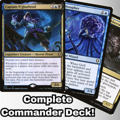 MTG Commander Deck featuring Captain N'ghathrod, a Horror Pirate card, part of Moonveil Games' custom 100-card Dimir Mill Horror deck for casual play.