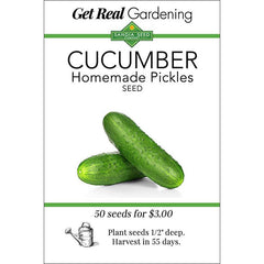 Seed packet for cucumber seeds for homemade pickles, featuring images of fresh, green cucumbers and planting instructions