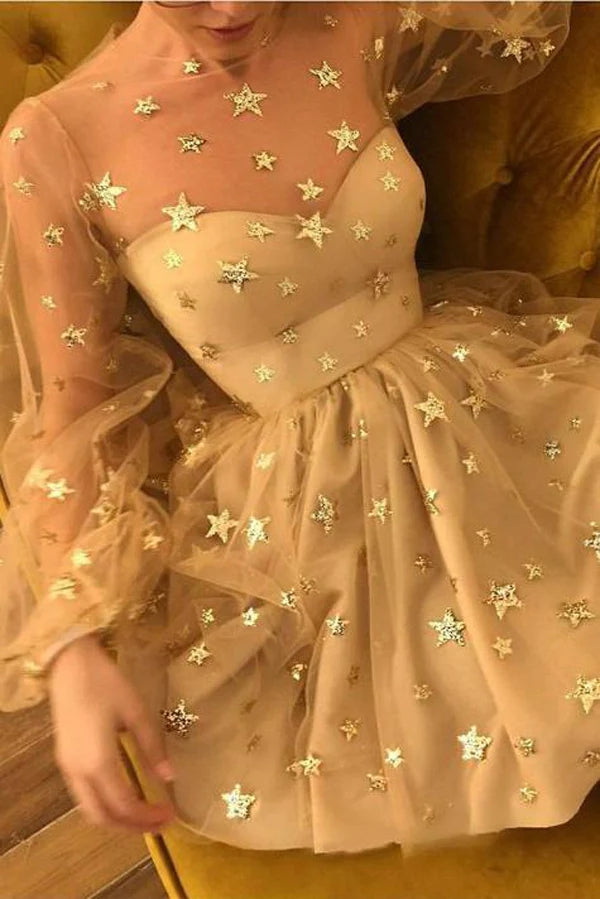 Cute Tulle Long Sleeves Short Homecoming Dresses with Stars, Party Dress, PH361 | yellow homecoming dress | tulle homecoming dress | school event dress | www.promnova.com