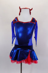 Electric blue metallic dress has red edging & crystals with blue mesh sides. Back has red double straps. & skirt has red petticoat. Comes with devil headband. Front