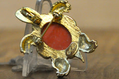 Kenneth Jay Lane Coral Turtle Brooch - Signed KJL - Gold Tone Coral Shell Turtle Brooch - Retired KJL