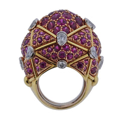 David Webb Geodesic Diamond Ruby Gold Platinum Dome Ring