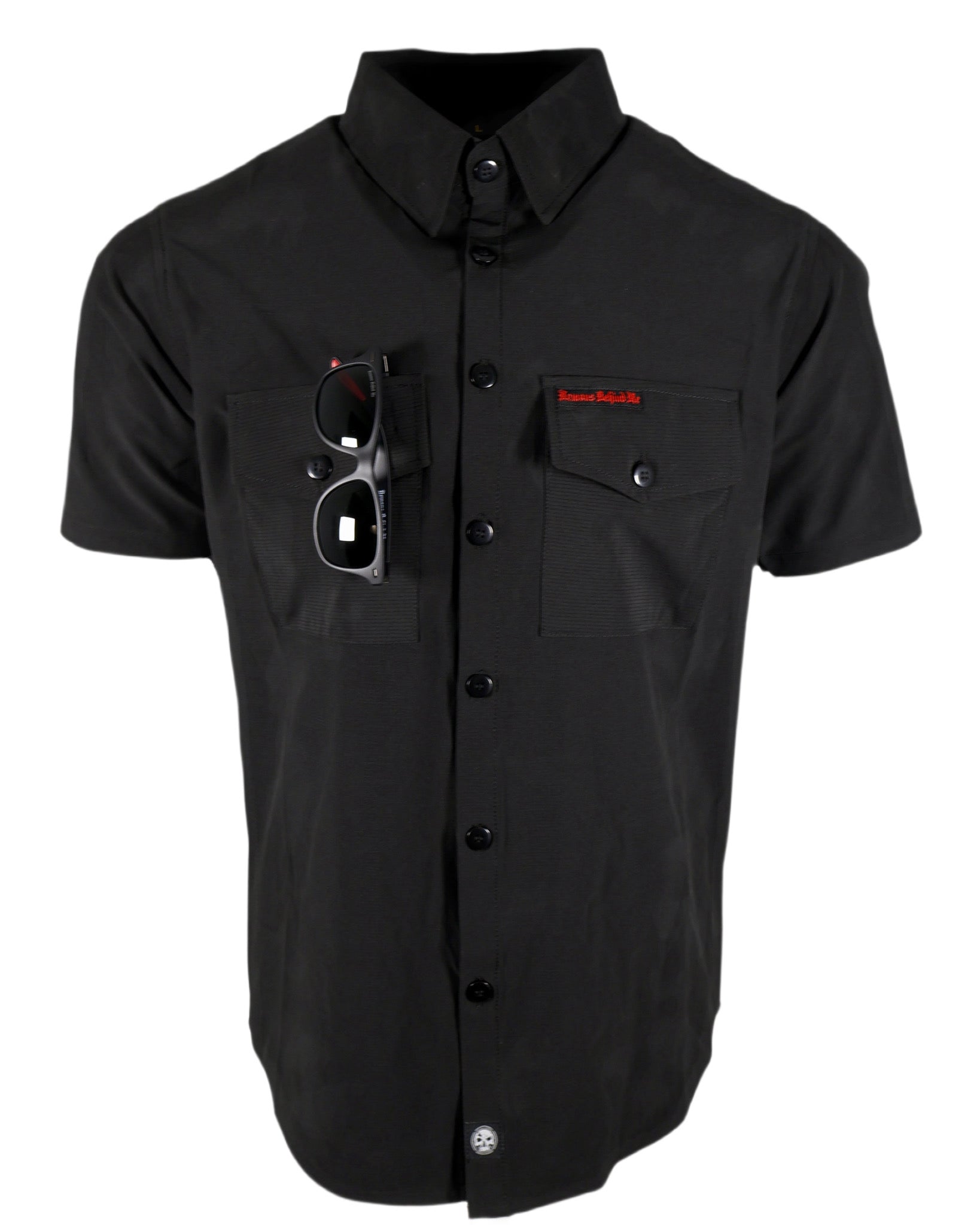 Black alternative button up shirt with red 'Demons Behind Me' stitching and sunglasses, shot against a white background.