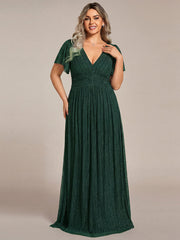 Plus Size V-Neck Glittery Short Sleeves Formal Evening Dress with Empire Waist #color_Dark Green