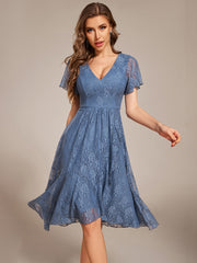 Color=Dusty Blue | Short Sleeve Ruffled V-Neck A-Line Midi Wedding Guest Dress-Dusty Blue 1