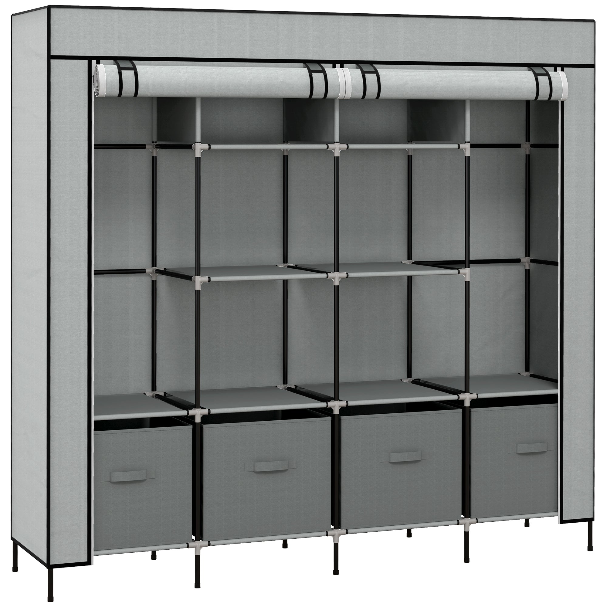 Portable Fabric Wardrobe with 10 Compartments & 4 Drawers - Dark Grey