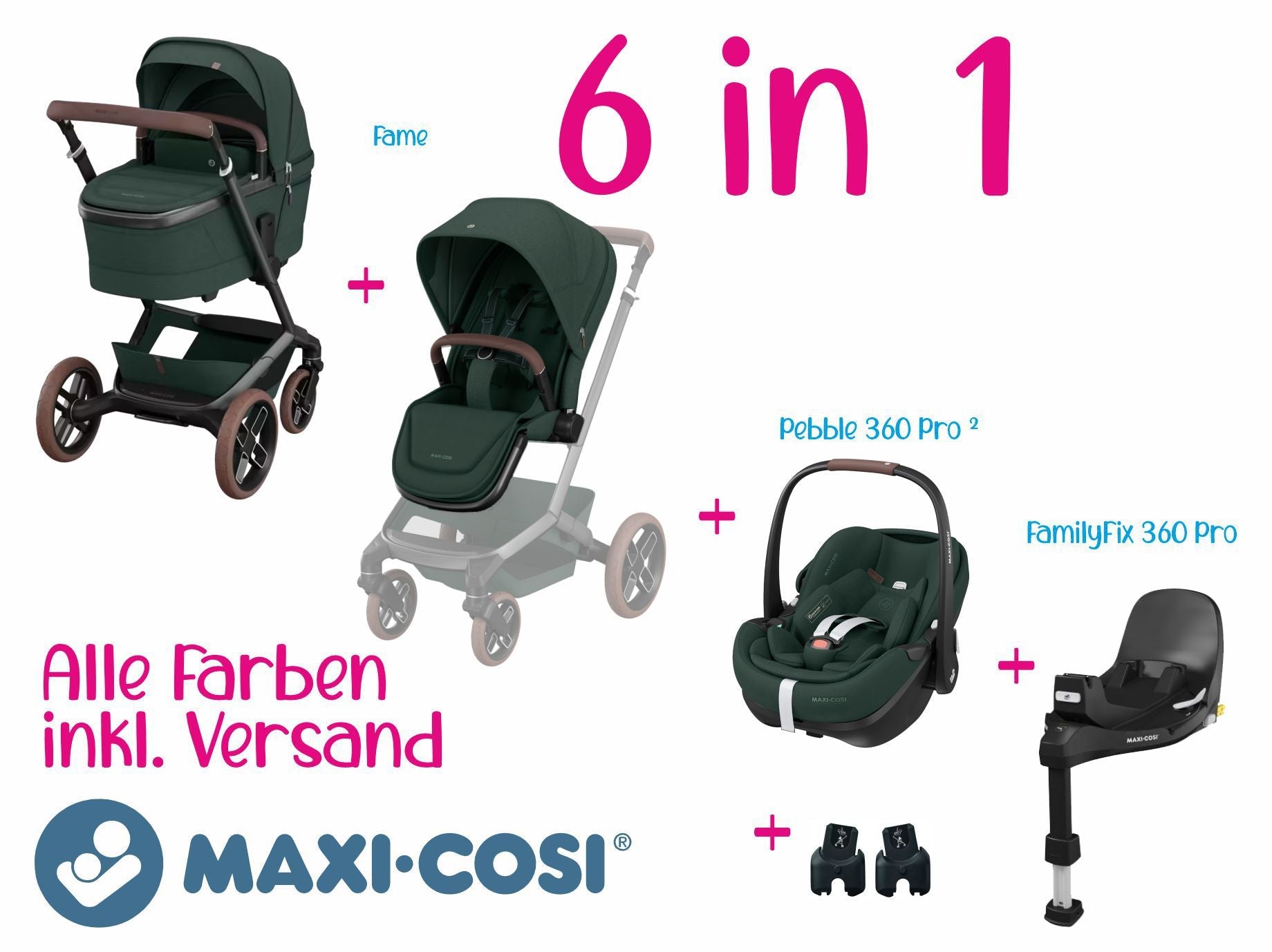 Maxi-Cosi Set 6 in 1 Bundle | Fame + Buggysitz + Pebble 360 Pro2 + FamilyFix 360 Pro + Adapter