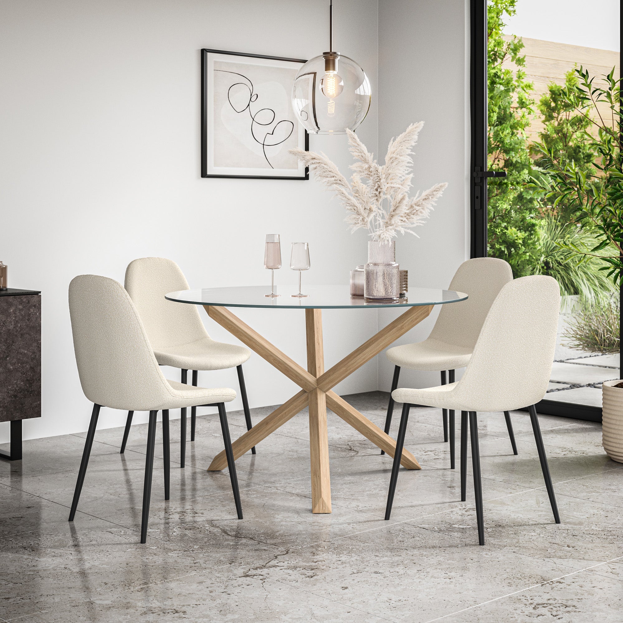 Malvern Round Dining Table And Chairs - Clear Glass Table Top w Solid Oak Legs + Maya Boucle Dining Chair Set of 4/6
