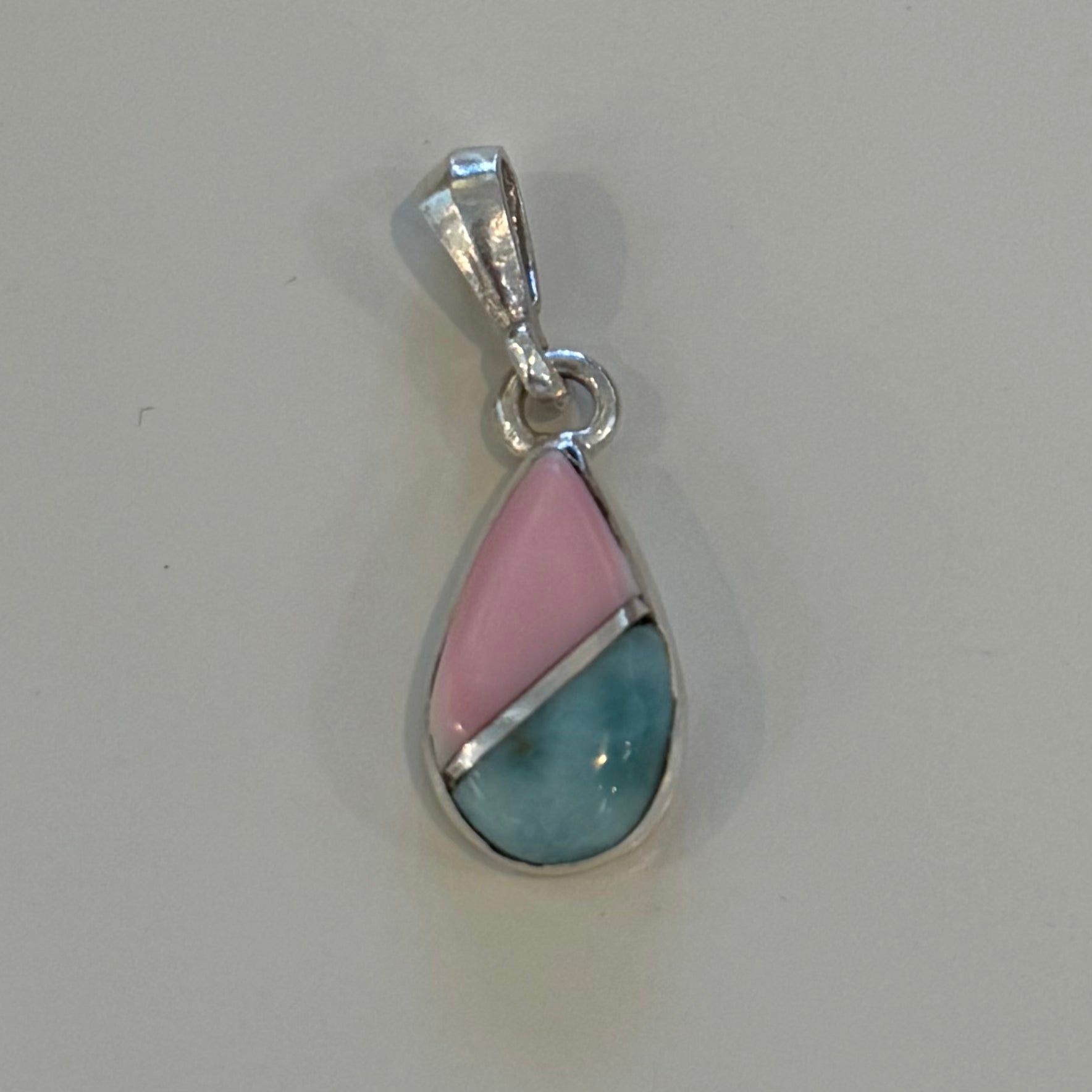 Sterling Silver Larimar & Conch Teardrop W/ Silver Diagonal Pendant W/ Italian Sterling Silver Chain - LarimarOcean