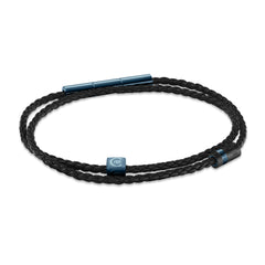 Full front view of the Cerruti 1881 Massimo men's bracelet showcasing the black braided genuine leather strap and vibrant IP blue hardware.