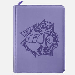 Purple leather Pokemon card binder with embossed Gengar design and zippered closure