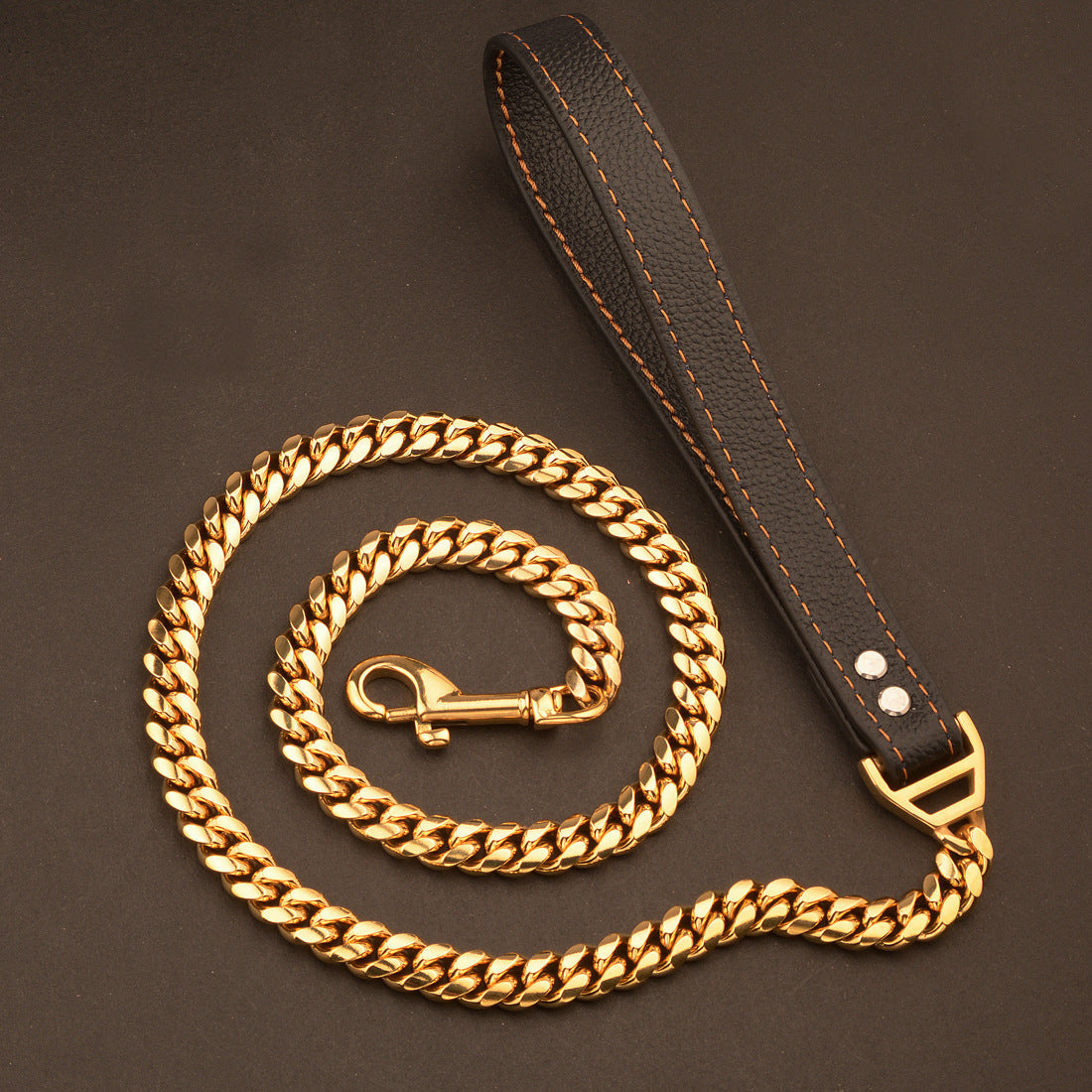 HKM-374739 Stainless Steel Dog Leash with Leather Collar for Small and Large Dogs - 14mm Width