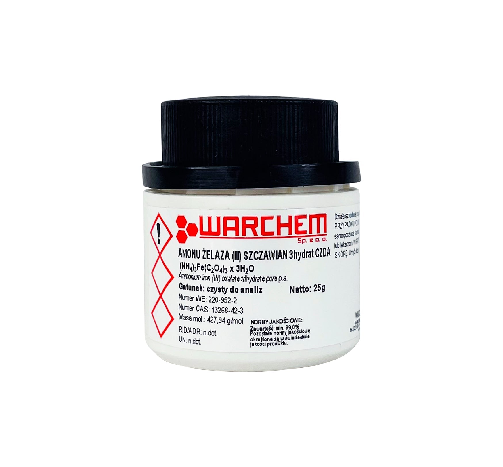 Eisen(III)-Ammoniumoxalat 3-Hydrat, 25g, WARCHEM, chemisches Reagenz mit weißen Kristallen in Packung