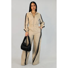 Runway Luxe Track Jumpsuit Beige- New Arrival
