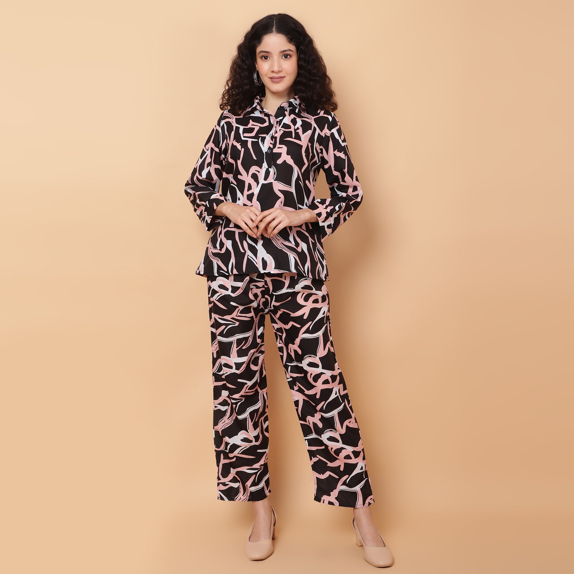 Women Black Printed Shirt Co-Ords