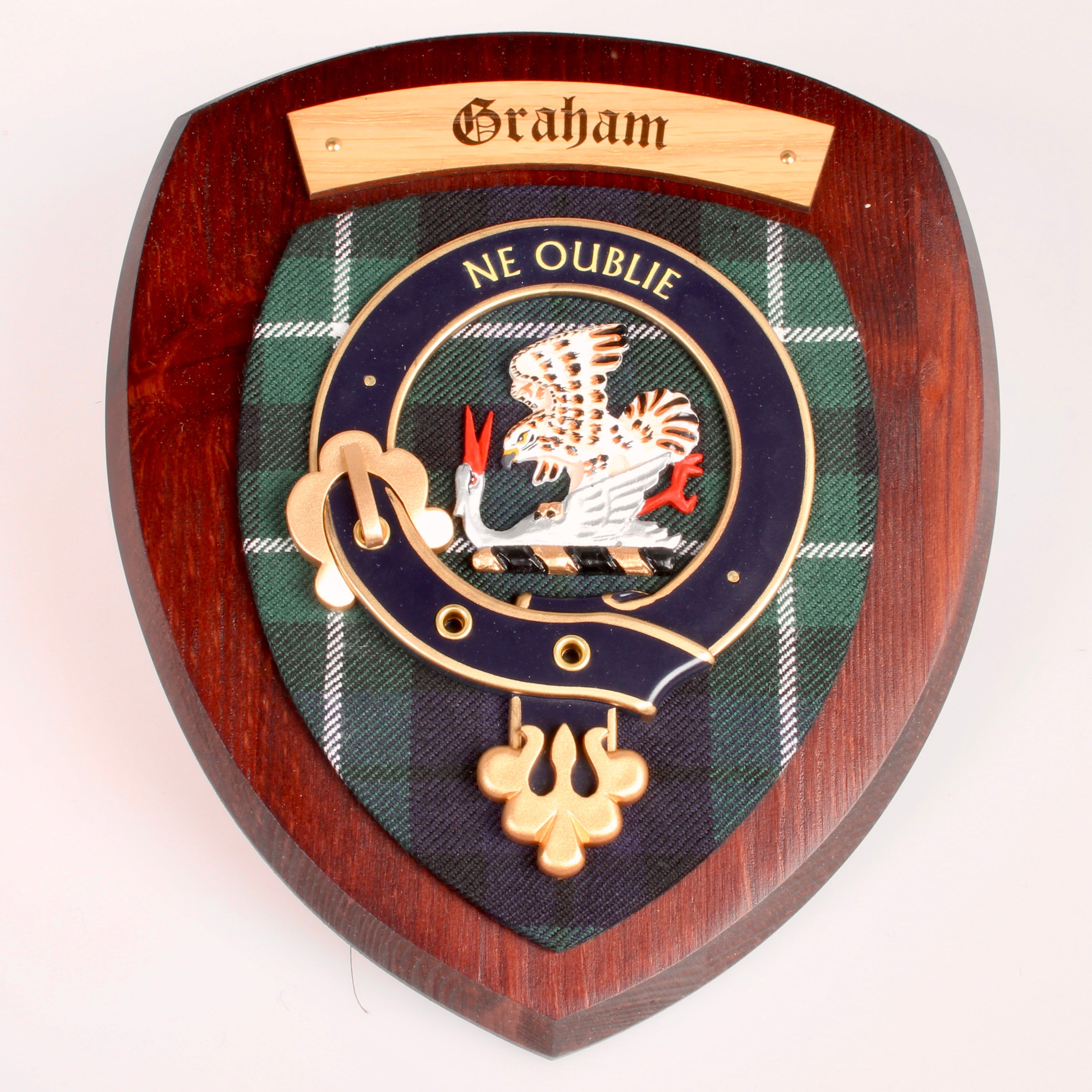 Graham Clan Crest Wall Plaque, a handmade Scottish decor item featuring a unique clan tartan, crafted in Glasgow, Scotland.
