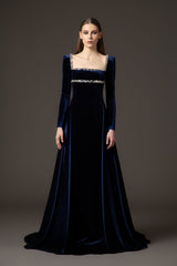 Velvet blue dress with baguette embroidery featuring an overskirt