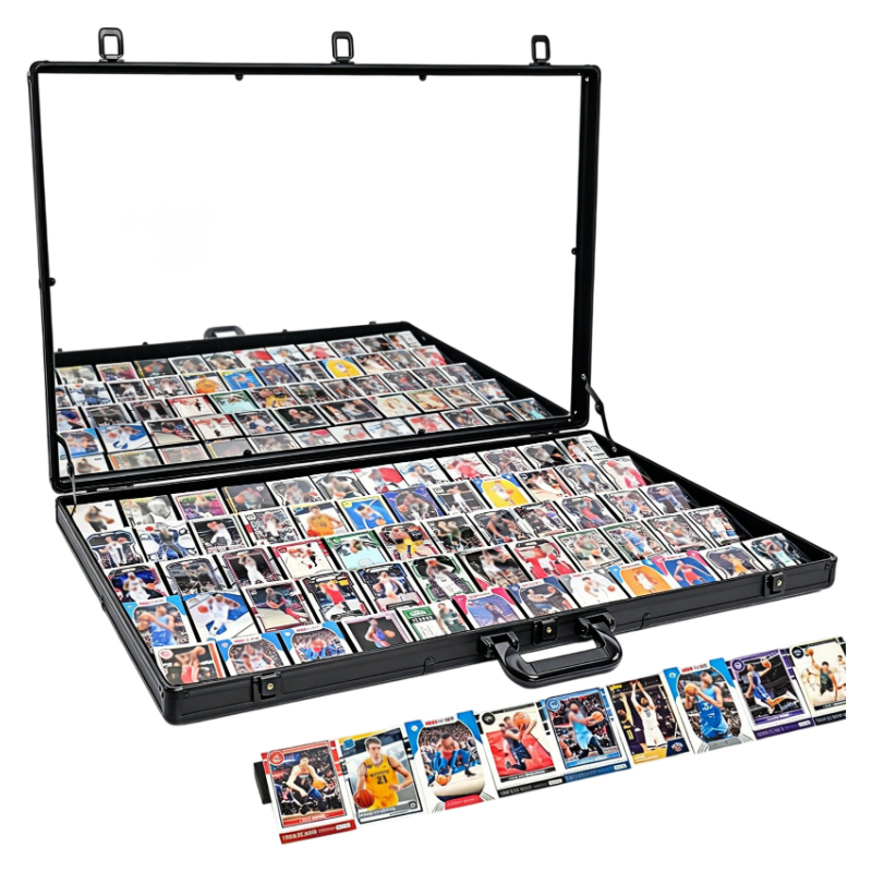 Collection of trading cards in an open display case with additional cards displayed outside.