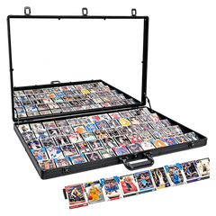 Collection of trading cards in an open display case with additional cards displayed outside.