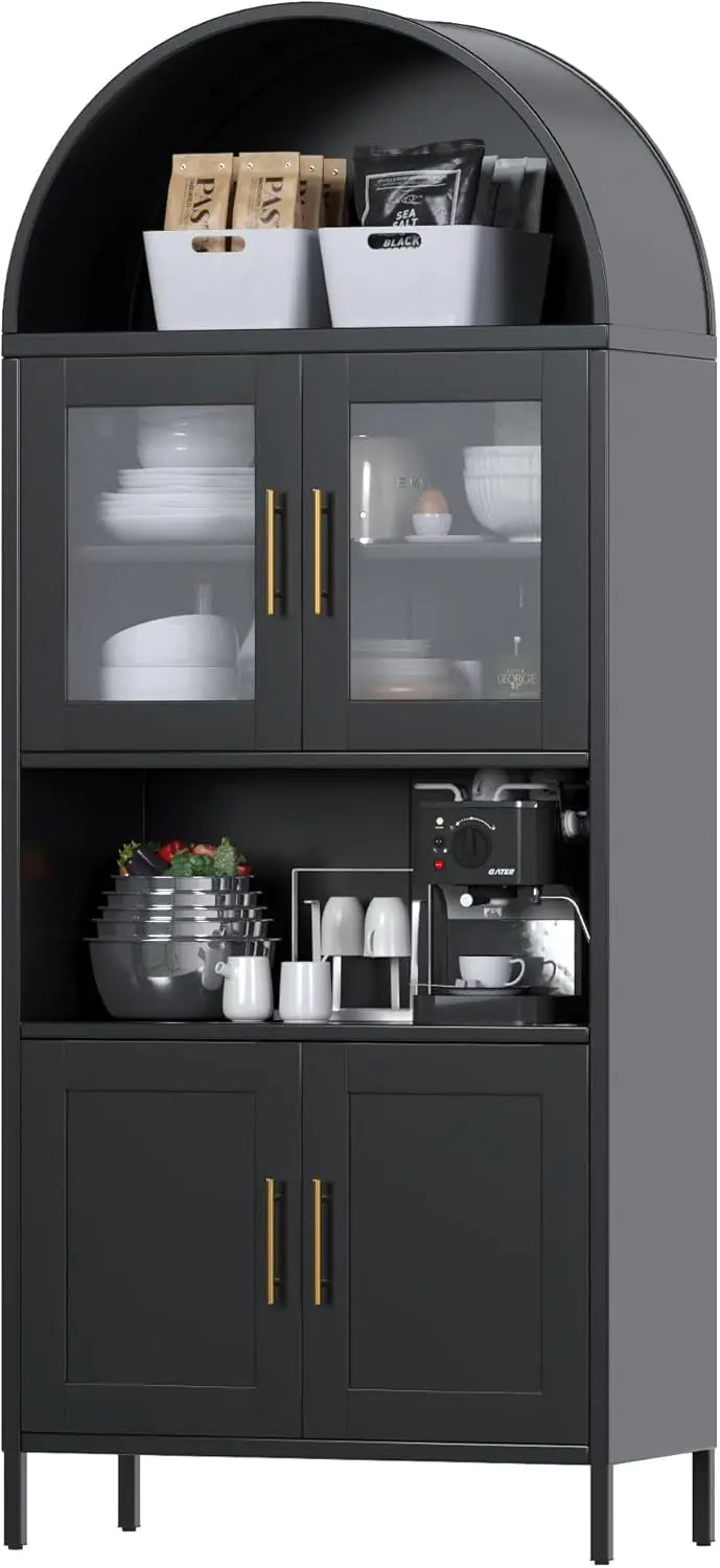 73 In Tall Metal Arched Cabinet, Kitchen Pantry Cabinet With Glass Door, Modern Farmhouse Arched Bookcase With 2 Adjustable Shelves For Living Room, Black, Assembly Required