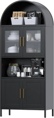 73 In Tall Metal Arched Cabinet, Kitchen Pantry Cabinet With Glass Door, Modern Farmhouse Arched Bookcase With 2 Adjustable Shelves For Living Room, Black, Assembly Required