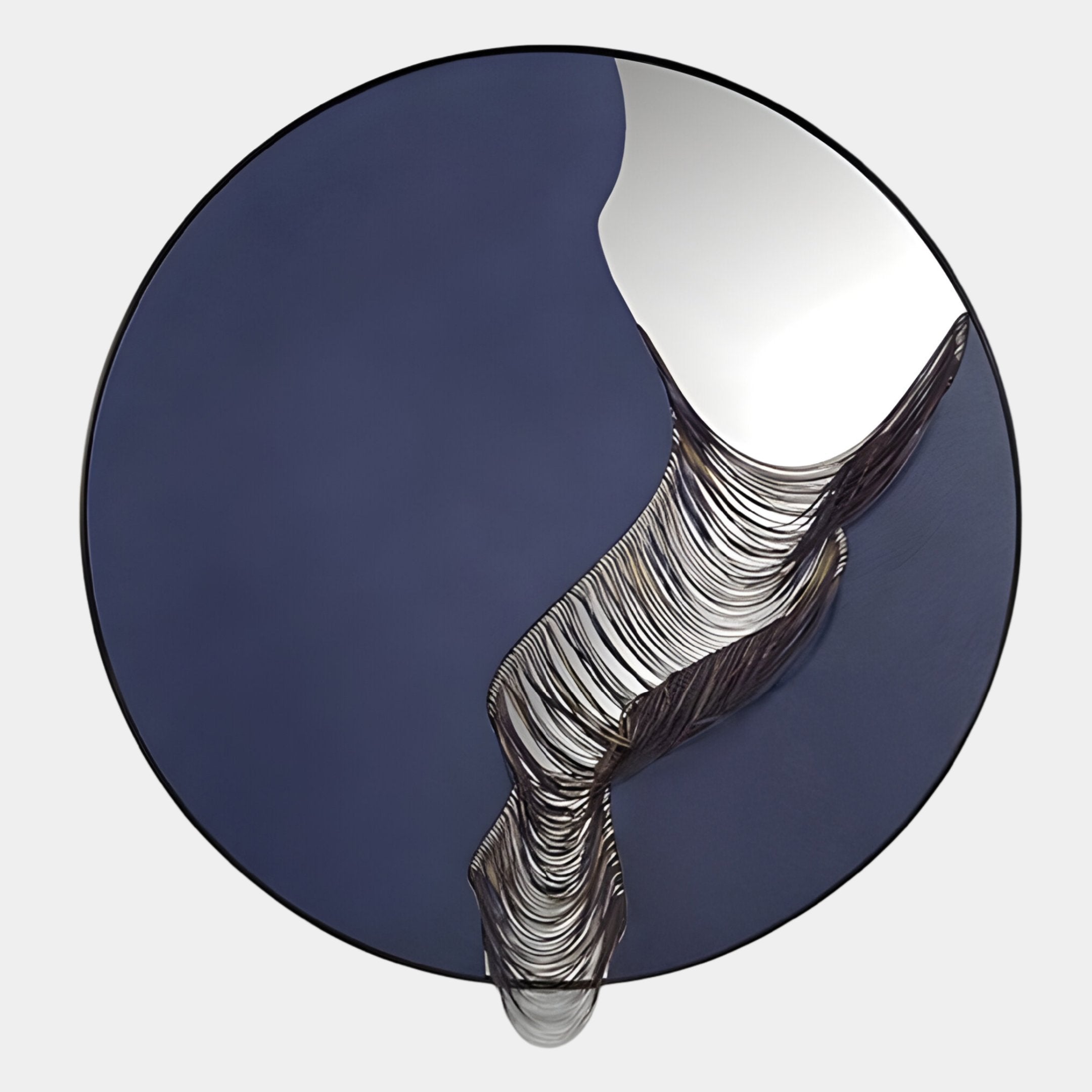 Rivelune Navy Blue Sculptural Round Mirror 3D Wall Art featuring a deep navy leather base, mirrored crescent, and cascading hand-finished metallic ripple detail, shown on a light background.
