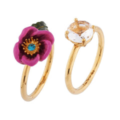Les Nereides 2 Bands Ring Pink Flower With Rhinestone Pistil And Faceted Crystal